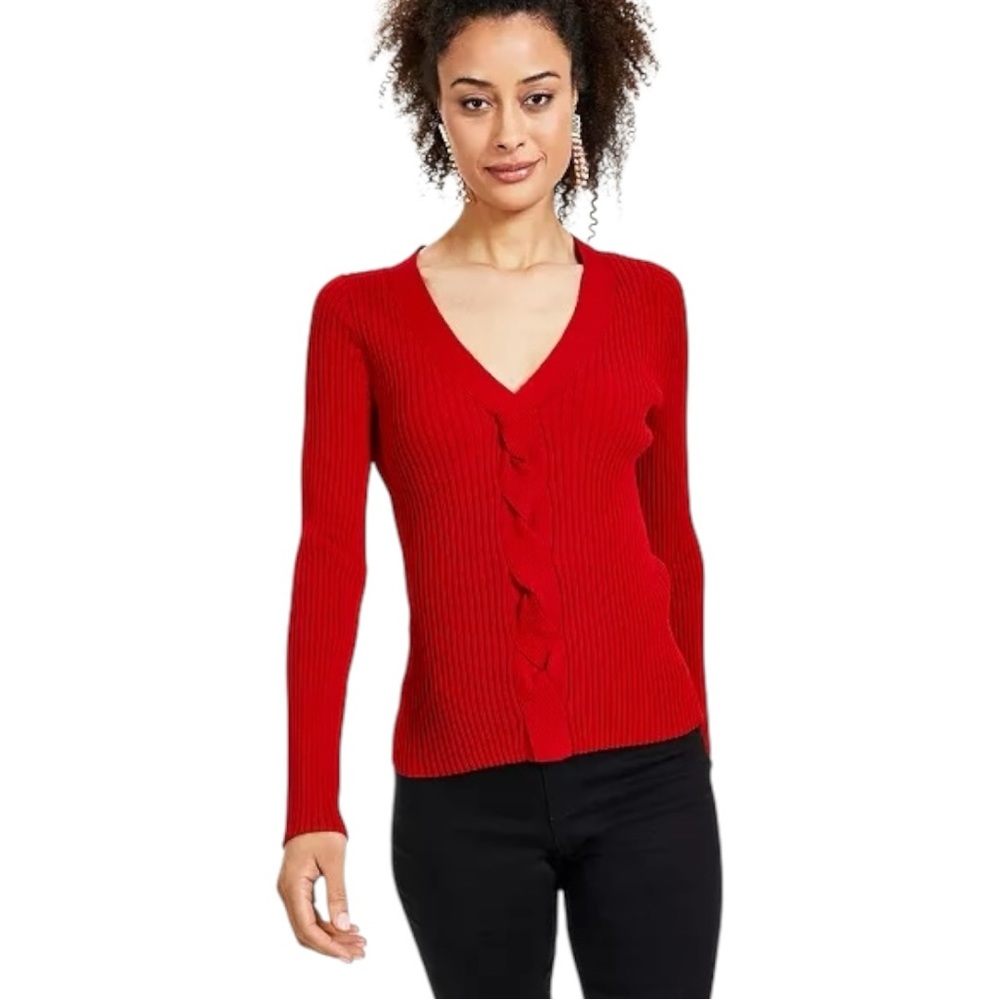 NWT I.N.C International Concepts Ribbed Cable V-Neck Sweater Top Red Small